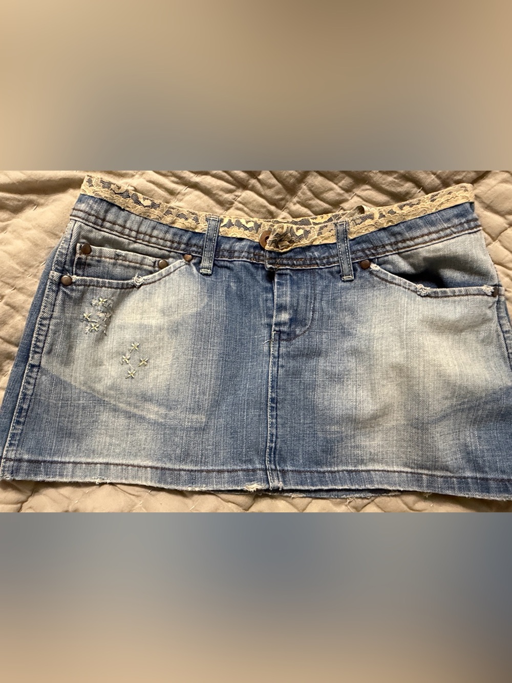 Light Blue Denim‎ Mini Skirt with Lace Waistband